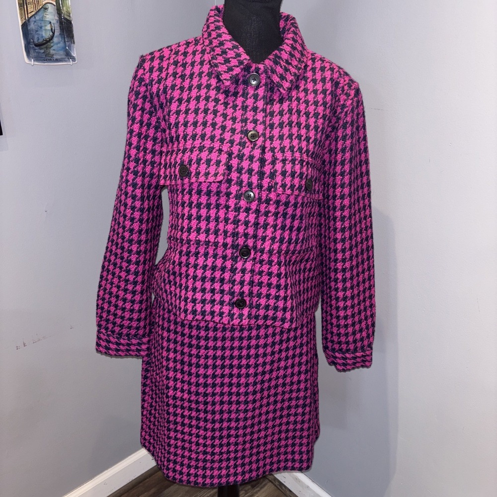 Loft Pink  Navy Houndstooth Textured 2pc‎ Suit Cropped Jacket & Skirt Size S/8